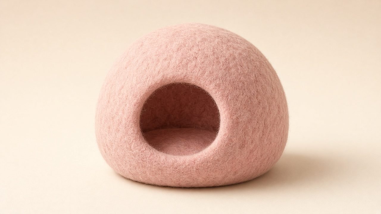 Blush pink handmade wool cat cave