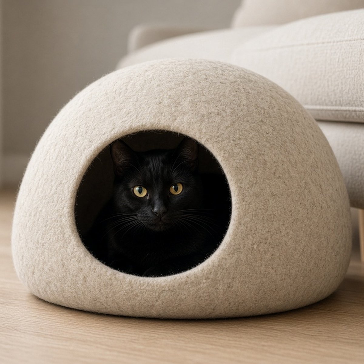 A black cat resting inside a natural oat wool cave