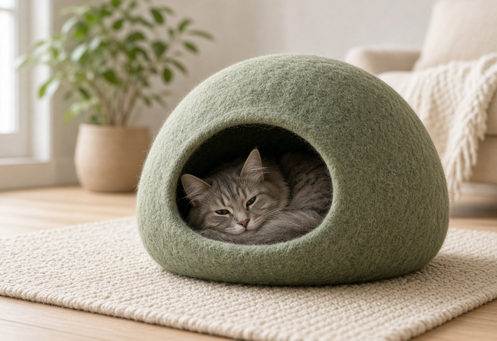 A grey tabby cat peeking out of a sage green wool cat cave