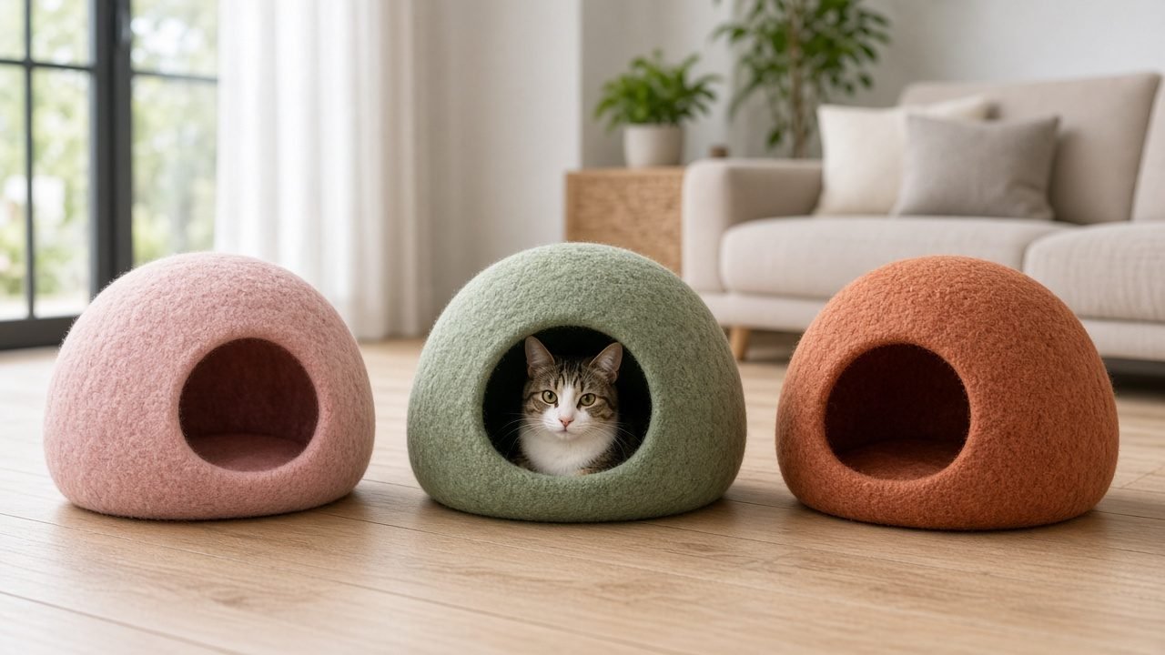 Handmade wool cat caves in blush, sage and terracotta with a cat peeking out