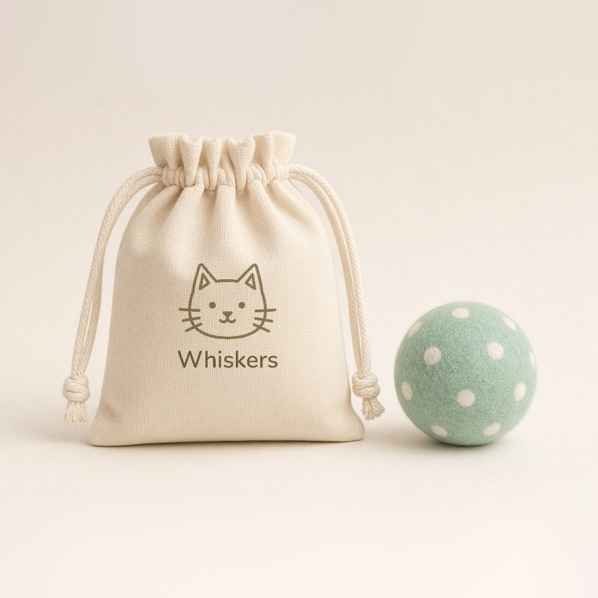 Cream cotton drawstring bag printed with the Whiskers logo