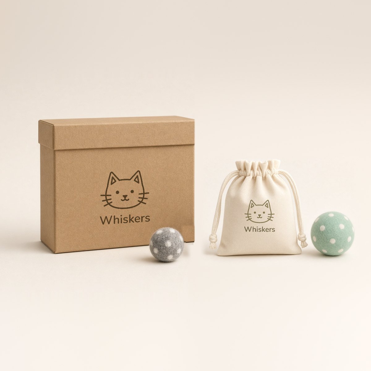 Whiskers packaging: kraft box and cotton bag